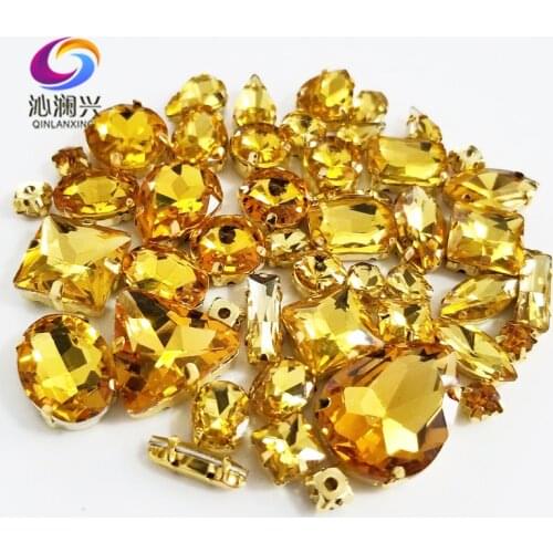 58pcs/bag Super flash Golden yellow mix shape top crystal glass sew on stones,gold base claw rhinestone diy/Clothing accessories