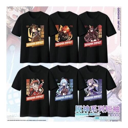 Anime Genshin Impact Hu Tao Zhongli Keqing Loose Short Sleeve T-Shirt Tee Cosplay Summer Unisex Student Casual Round Collar Tops