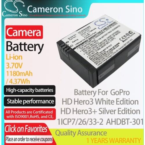 CameronSino Battery for GoPro HD Hero3 White Edition HD Hero3+ Silver Edition Hero 3 Hero 03 fits Rollei RL420B camera battery