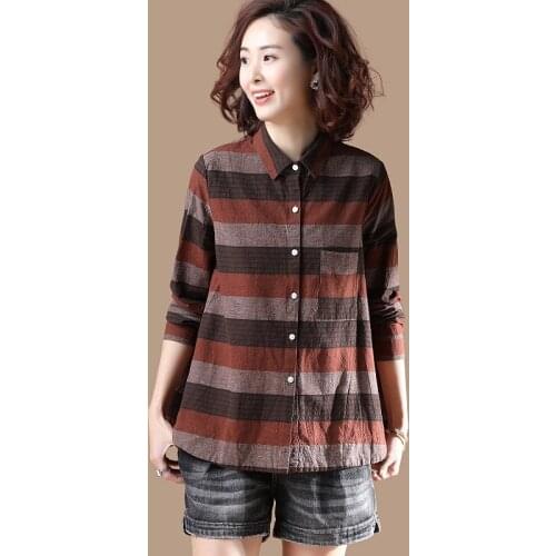 Womens Spring Autumn Style Cotton Blouses Shirts Womens Button Striped Long Sleeve Turn-down Collar Loose Oversize Tops SP717