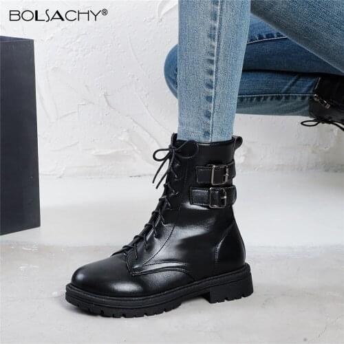 Botas Women Motorcycle Ankle Boots Wedges Female Lace-Up Platforms PU Leather Shoes Ladies 2021 Spring Autumn Botas Mujer 35-43