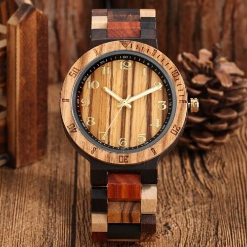 Natural Wood Watch Luxury Gold Arabic Numbers Dial Clock with Adjustable Wooden Mixed Color Bangle Quartz Wristwatch Gifts Item