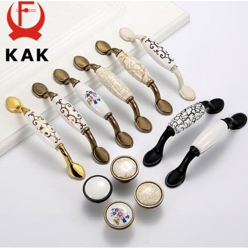 KAK Antique Bronze Ceramic Cabinet Handles Zinc Alloy Drawer Knobs Kitchen Wardrobe Door Pull European Furniture Handle Hardware
