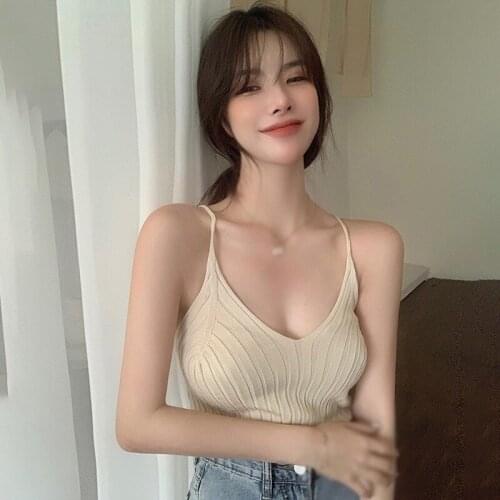 Vest Female Thin Solid Color Sleevless Shirt Tanks TopsWomens Camisole Top Knitted Summer Solid Color V-Neck Knit Strap