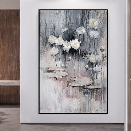 Monet vertical hand-painted oil painting abstract water lily gray texture canvas painting modern home decoration painting mural