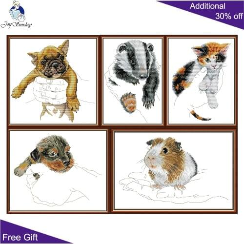 Joy Sunday Pug Badger Guinea Pig Yellow Puppy Kitten In The Palm DA522 DA523 DA524 DA525 DA526 Cute Animal Cross Stitch kits