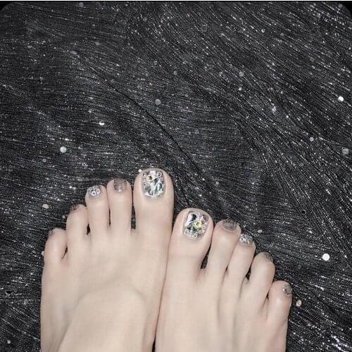 New Beautiful sliver pure color with full rhinestone decoration 3d toe nails Bride decorated false nails for toe full nail tips