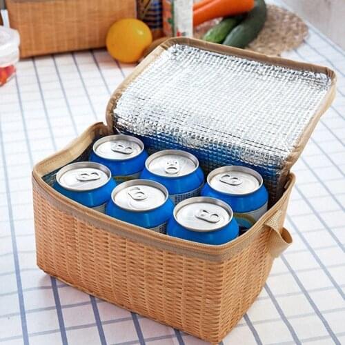 Portable Wicker Rattan Outdoor Camp Picnic Bag Waterproof Tableware Food Container Baskets Insulated Thermal Cooler