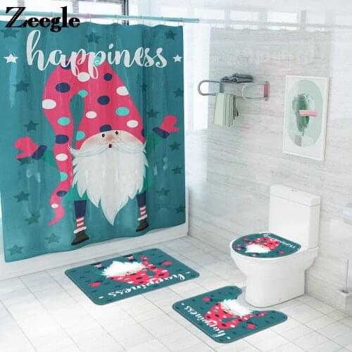 Christmas Cartoon Anti-slip Floor Carpet for Bathroom Printed Bath Mat and Waterproof Shower Curtain Set Memory Foam Toilet Mat