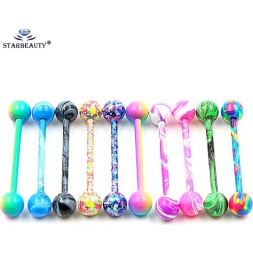 2Pcs Mixed Any Colors Painting Tongue Piercing Barbell 1.6*18mm Rod Tongue Rings for Women Men Stainless Steel Nipple Jewelry
