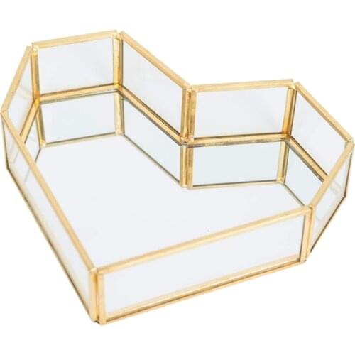 Heart-Shaped Gold Rim Glass Jewelry Tray, Transparent Jewelry Display Box, Dressing Table, Bathroom and Home Decoration