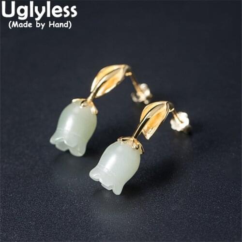 Uglyless Elegant Lily of the valley Flowers Earrings Women Natural Hotan Jade Floral Brincos 925 Silver Leaves Jewelry Elegant