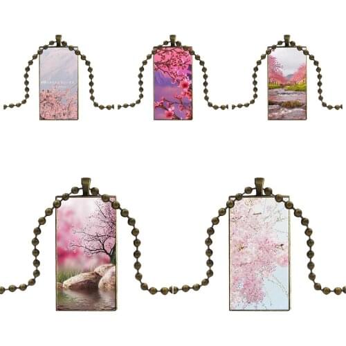 Japan Sakura Cherry Pink Vintage Jewelry Bronze Color Glass Cabochon Choker Pendant Long Rectangle Necklace For Unisex