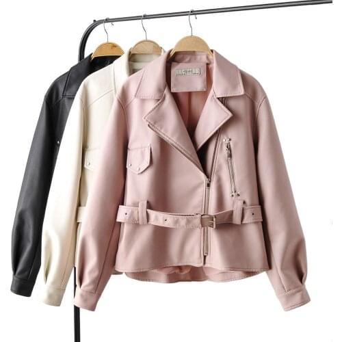 2020 Brand Autumn Women Faux Leather Jacket Casual Loose Soft Pu Motorcycle Punk Leather Coat Female Zipper Rivet Outerwear Belt