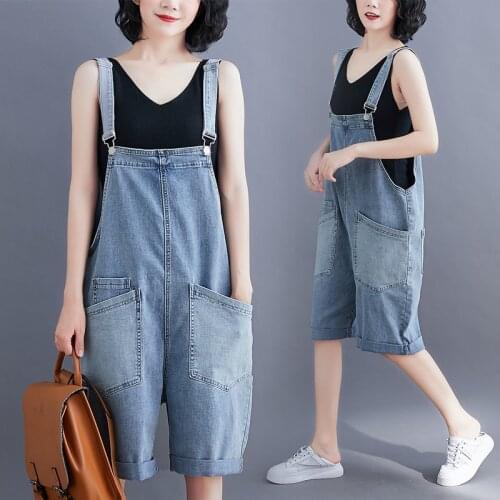 Plus Size Denim Overall Shorts Women 2020 New Summer Korean Style Spaghetti Strap Pocket Slim Fit Casual Half Jeans Shorts