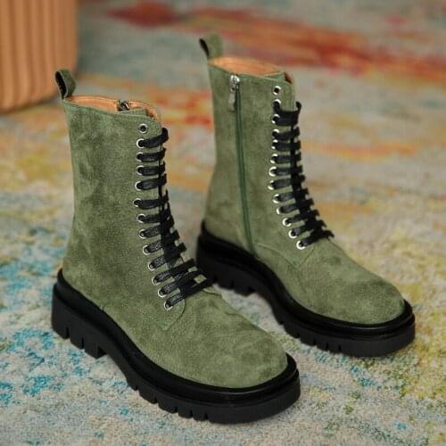 2021 Winter Boots Women England High Street Vintage Cowhide Soft Motorcycle Boots Shoes Woman Flat with