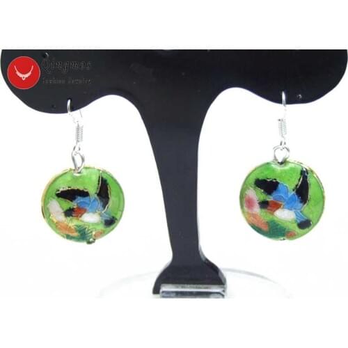 Qingmos 18mm Earrings for Women With Green Round Coin China Cloisonne Hummingbird Beads Dangle Hook Earring Fine Jewelry ear510