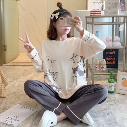 Cute Cat Print Womens Pajamas Set Cotton Home Clothes Long Sleeve Tops With Pants Leisure Wear Female Roomwear Suit Harajuku