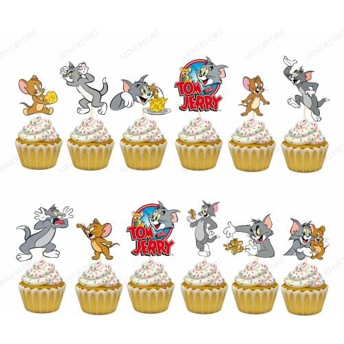 12pcs/lot Tom and Jerry Cupcake Topper Birthday Baby Tom Theme Party Cake Topper Cake Decoration Baby Party Supplies