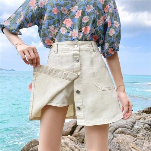2020 new large fat mm anti light denim shorts women loose and thin student A-line wide leg hot pants skirt