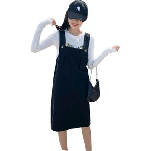 2021 Spring Autumn Womens Denim Strap Dress Oversize Loose Over The Knee Mid-Length Suspender Dress Female Retro A-line Dress