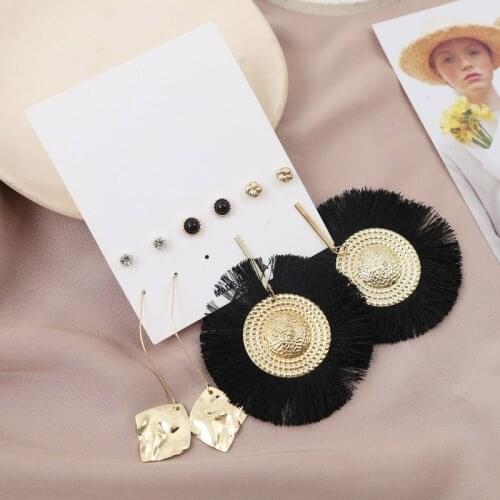 5Pairs/Set Simple Gold Metal Rhinestone Stud Earrings For Women Fashion Vintage Black Cotton Thread Round Tassel Big Earring Set