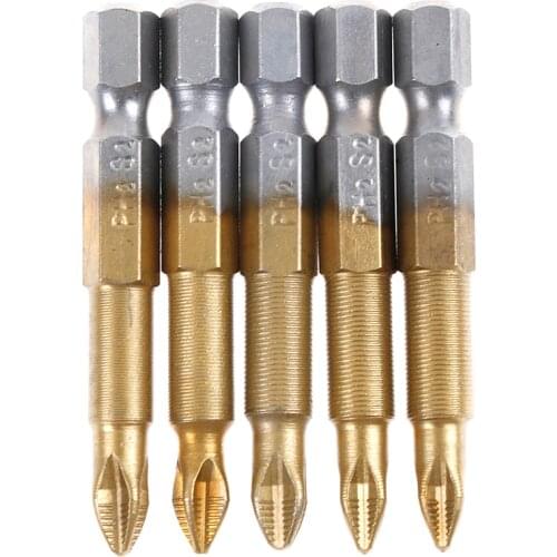 5pcs/set Anti Slip Electric Screwdriver Bits 1/4" Hex Shank Titanium Coated Screwdriver Bits PH2 50mm