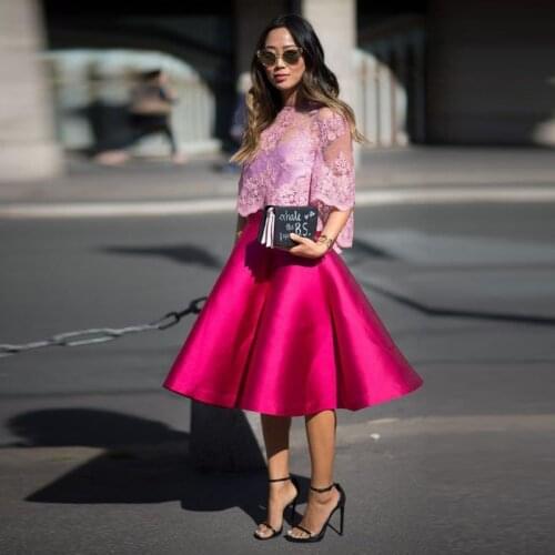 Fuchsia Satin Skirt Knee Length Causal Women Skirts Hot Pink Women Formal Wear Jupe Party faldas Fre Shipping