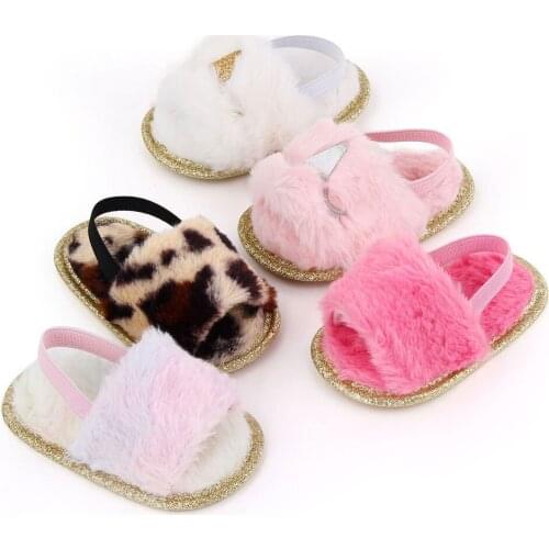 Baby Girls Unicorn Plush Sandals Fashion Soft Sole Faux Fur Flats Prewalker Slippers With Elastic Back Strap Home Baby Shoes2020