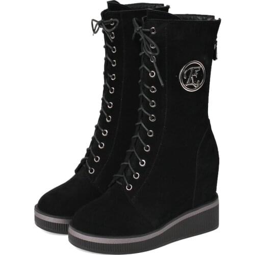 Women Lace Up Genuine Leather Wedges High Heel Motorcycle Boots Female High Top Winter Round Toe Fashion Sneakers Casual Shoes