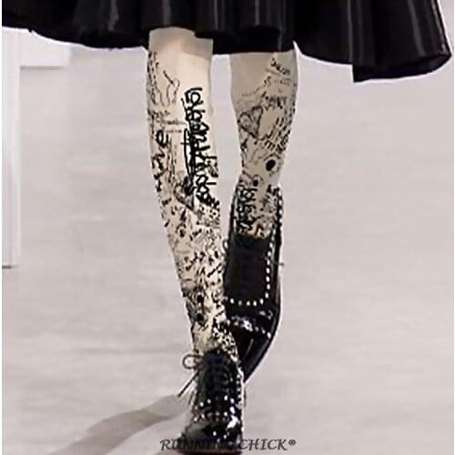 Graffiti Black Printed Pantyhose Autumn And Winter 140d Thickness Women Fashion Socks