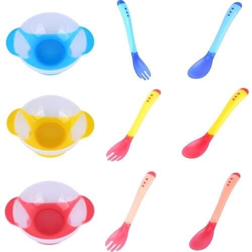 Baby Bowl Slip-resistant Fork Spoon Safety Infant Sensing Temperature Sucker Bowl Fork Spoon Tableware toddler Feeding