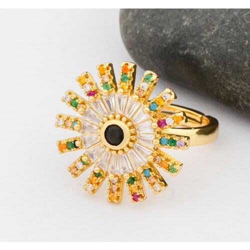 Hot Sale Flower Design Evil Eye Opening Adjustable Rings Copper CZ Rainbow Zircon Stone Resizable Rings For Women Engagement