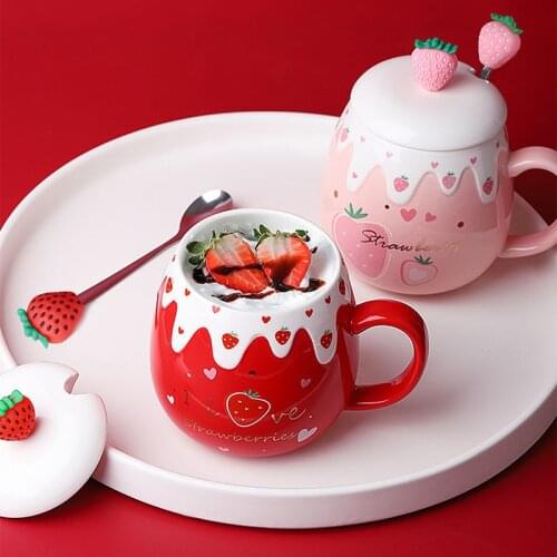 Ceramic Breakfast Cup With Cover Spoon Cartoon Fruit Cute Strawberry Water Cup Creative Gift Coffee Mug Business Big Belly Cup