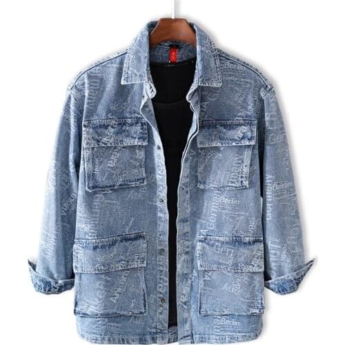 Style Fashion Men Jackets High Quality England Printed Designer Denim Jacket Men Long Coat Multi Pockets Overalls Chaqueta Homme