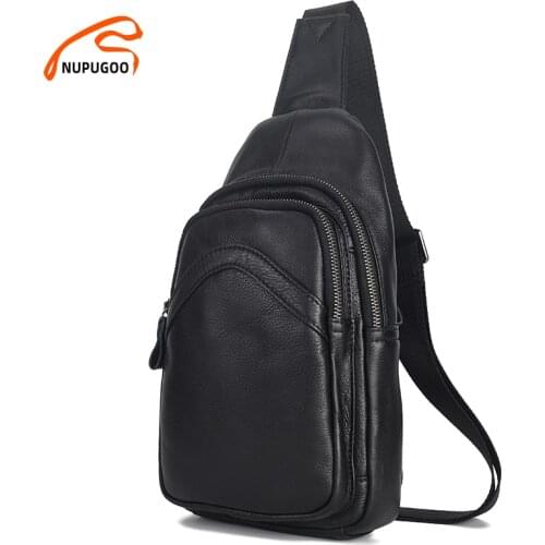 NUPUGOO fashion chest Sport bag Genuine Leather Sport black men Casual trend breast bag hold 7.9 inch ipad External Silt Pocket
