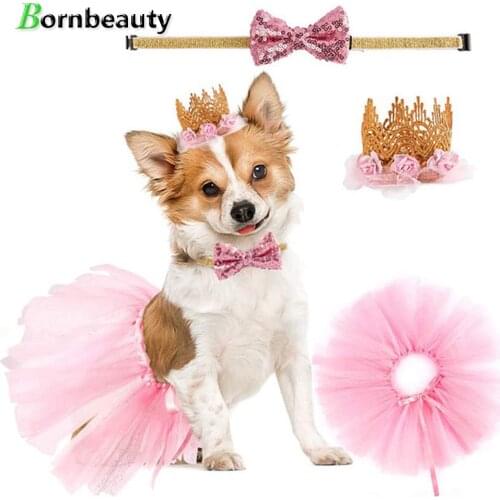 Pet Dog Birthday Hat Collar Dress Set Chihuahua Bowknot Hairpins Cartoon Baby Headband Colorful Outfit for Pet Baby Birthday Par