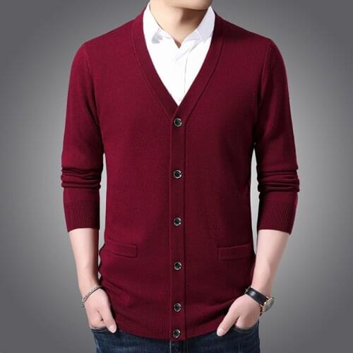Autumn Mens Knitted Cardigan Sweater Classic Style Business Casual Solid Color Wool Sweater Male Brand Red Wine Black Navy
