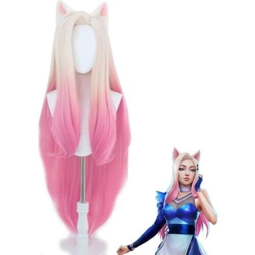 KDA Baddest Ahri Cosplay Wigs LOL KDA Cosplay Blonde Mixed Pink Wigs with Ears Heat Resistant Synthetic Hair Game Cos