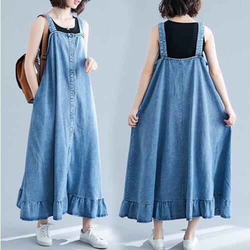 Plus Size Women Dress Denim Cotton Vest Sleeveless Oversize Loose Female Vestidos 2021 Summer New Casual Ruffles Basic Dresses