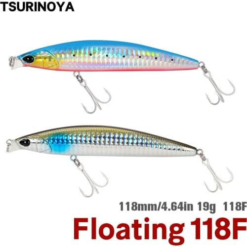 TSURINOYA Sea Fishing Lure 118F Shallow Range Floating Minnow 118mm 19g DW95 Long Casting Magnet Gravity System Hard Bait