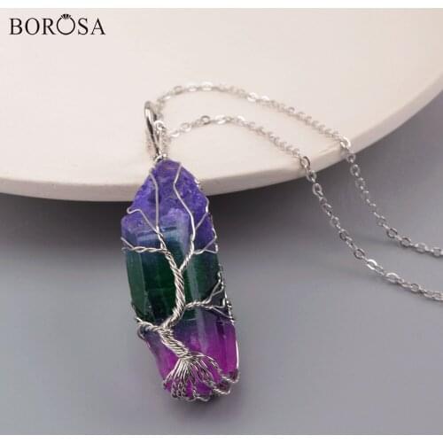 Silver Color Wire Wrap Crystal Necklace Rainbow Life Tree Chakra Crystal Quartz Necklace Healing Necklace for Women WX1362-N