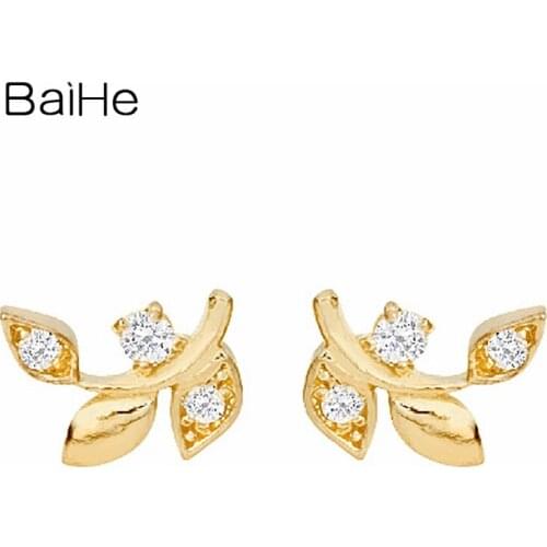 BAIHE Solid 18K Yellow Gold 0.01CT H/SI Round Natural Diamonds Wedding Gift Fine Jewelry leaf diamond Stud Earrings for Women