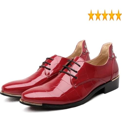 Dress Spring Shiny Pu Formal Mens Pointy Toe Patent Leather Business Wedding Male Oxfords Shoes Red Blue
