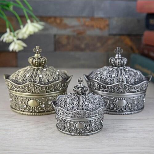 2 Sizes Zinc alloy Jewelry Box Crown ShapeTrinket Box Vintage Home Decoration Art Rose Flower Carved Organizer Beads Storage Box