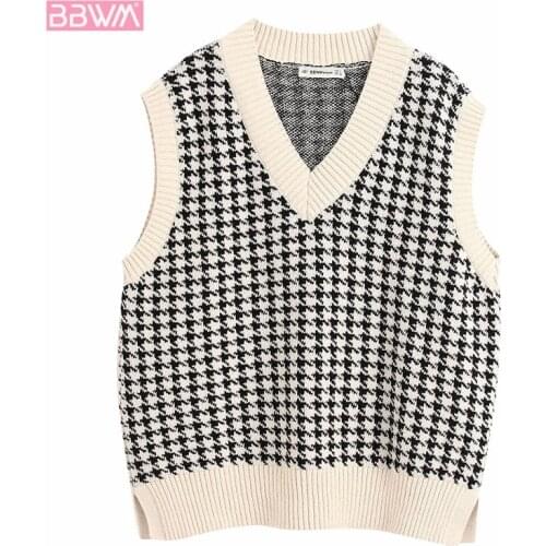 Vintage Loose Houndstooth V-neck Vest Sweater Womens Fashion Sleeveless Vest Side Vents Chic Tops Six Colors Female