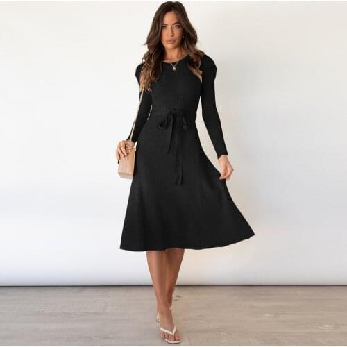 New bubble long sleeve knitted skirt medium long style slim high waist big swing dress bottomed wool dress