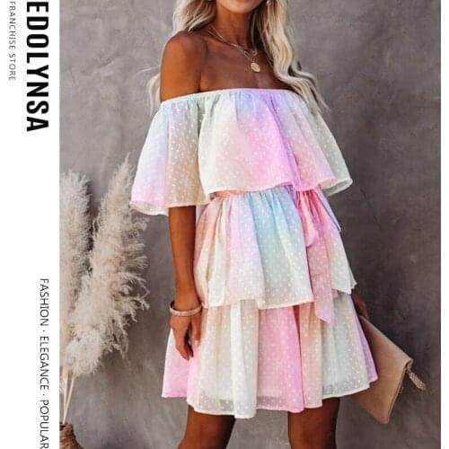 High Quality Bohemian Rainbow Slash Neck High Waist Summer Mini Dress Chiffon Tunic Women Sexy Off the Shouder Party Dress A451