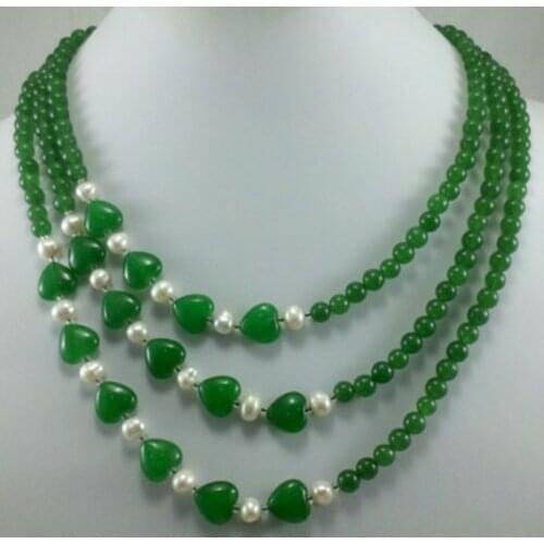 Green Jadeite 6MM Beads 10MM Heart-shaped pearl 3 Row Necklace 18"-21"AAA
