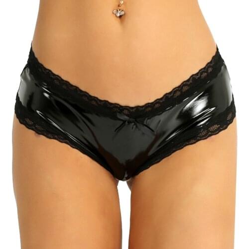 MSemis Women Sexy Lingerie Wet Look Patent Leather Lace Open Crotch Panties Women VBack Mini Briefs Sexy Underwear Women Panties